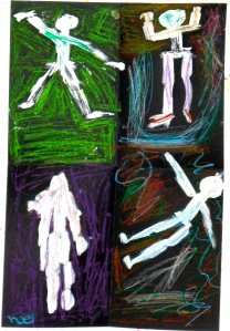 Pastels of human gestures made at the Brooklyn Museum of Art on field trip in first grade.
